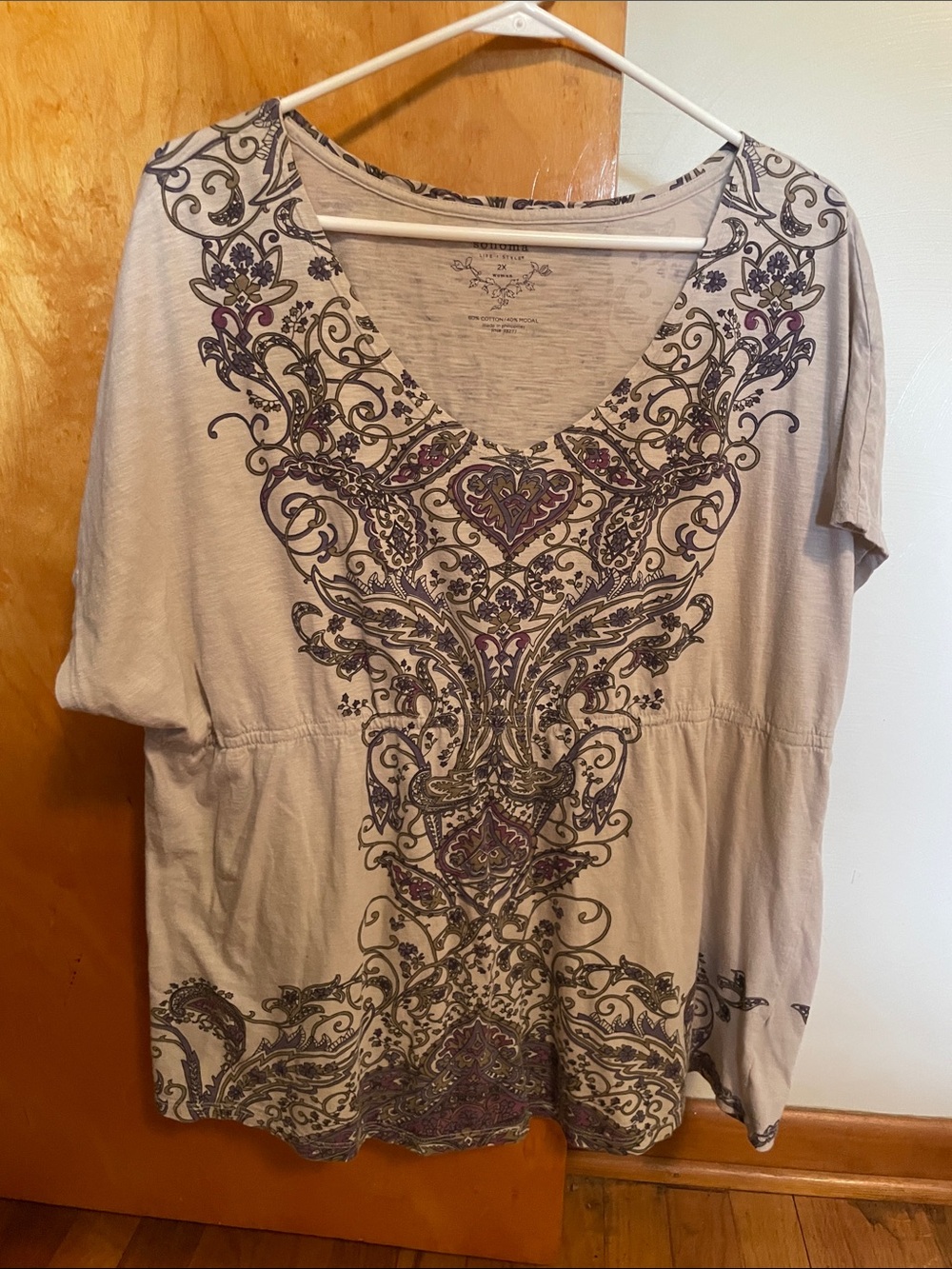 Sonoma Taupe V-Neck Tunic with Purple Embroidered Paisley